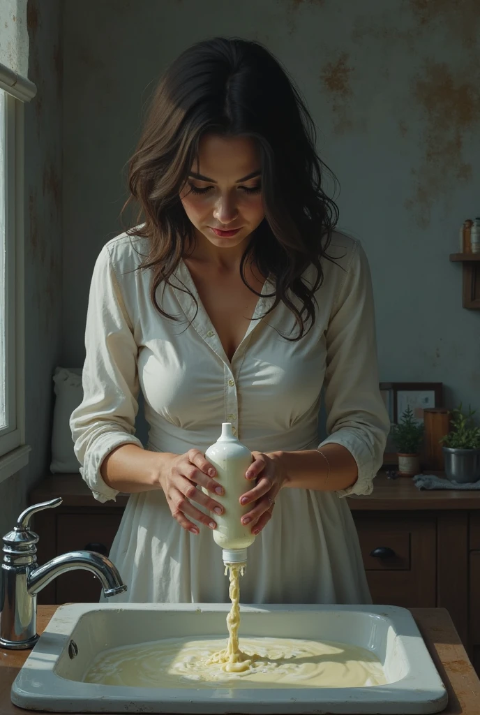 UHD ultra precise 8K digital 1:1 copy of a painting of a woman in a white dress mixing a bowl of milk, sensual painting, flowing milk with a lusty smile, puddle of milk, gorgeous woman, painting of a woman, milk - bath effect, realistic spanish woman painting, mixed art, perfect detail, gorgeous painting, sea of milk, nick alm, oil-on-canvas, oil art, stunning woman, oil painting of realistic woman