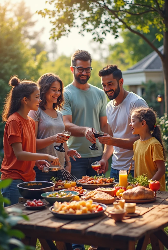 Create a heartwarming scene featuring a happy family gathered around a barbecue grill on a sunny day. Describe a picturesque setting where family members are enjoying a delightful outdoor meal together. Highlight the smiles, interactions, and relaxed atmosphere as they grill and share moments. Portray the sunlight casting a warm glow, and the aromas of sizzling food filling the air. Consider the composition, colors, and expressions that will capture the joy and togetherness of this special family moment.