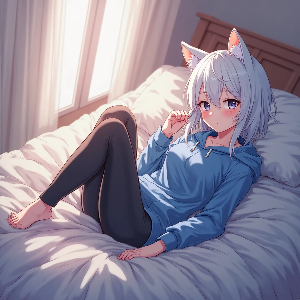 small female,pajamas,in hart,wolf,white body,bed ,wake up,furry,anime,kawaii,morning,