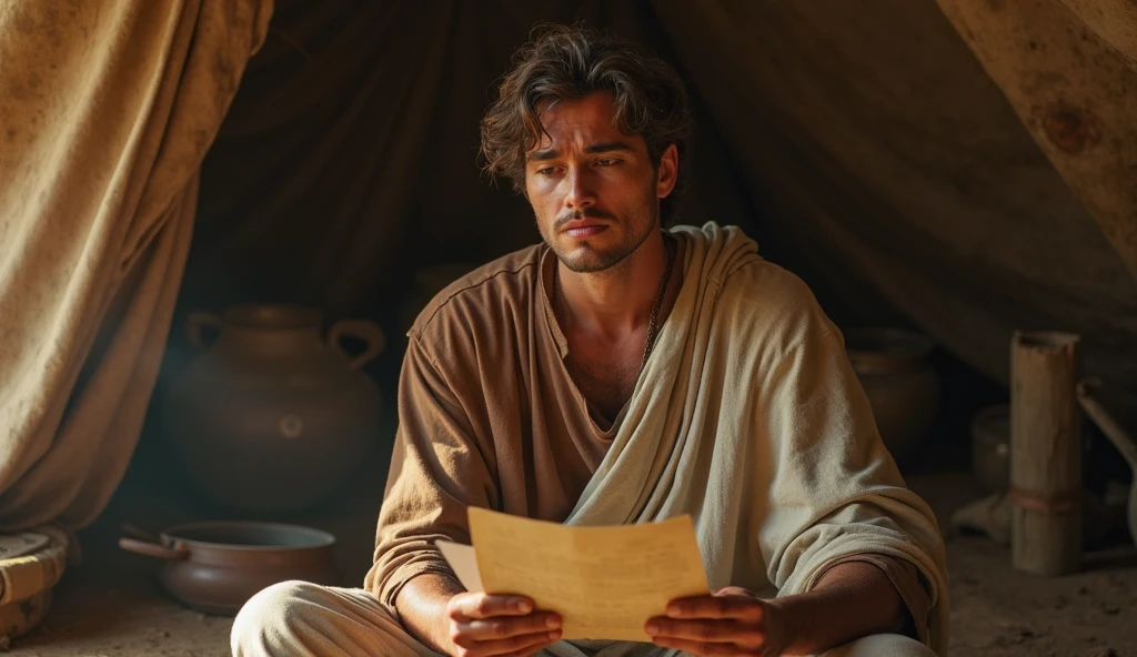 A male Stoic philosopher, around 2, with a well-proportioned physique and slightly tanned skin, is depicted tearing apart an ancient scroll or book filled with rigid doctrines. He wears a classic tunic in soft gray with subtle gold details, which drapes over his body and subtly reveals his shoulder. The scene is painted in an impressionist style with bold, dynamic brushstrokes that capture the act of destruction and the fragments of the book flying through the air. His face shows resolve and intensity, emphasizing the act of challenging limiting beliefs to embrace new perspectives.