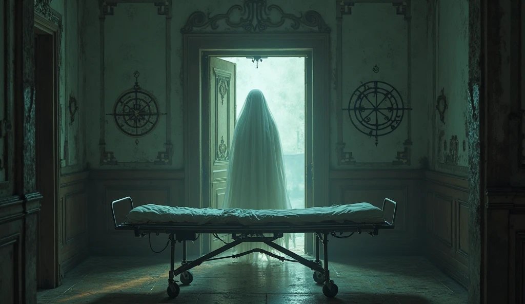 just a mansion inside, she's old, and it's finished inside. horror climate, gloomy weather, spider webs. a hospital stretcher in the middle