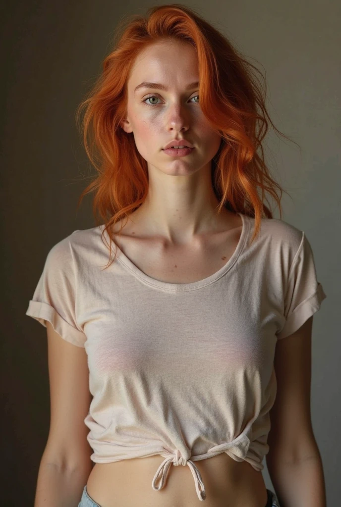 A portrait of a (milk-soaked: 1.2) redhead, freckle teacher is sitting on a balcony, : transparent wet white shirt : 18], visible through white T-shirt, slate atmosphere, cinematic, faded colors, dark take, soft colors, grainy film, lut, insane details, intricate details, hyperdetailed, close-up, twilight
