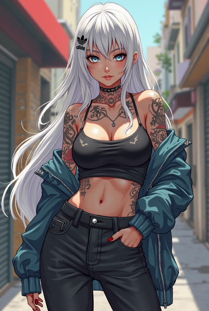 Harley Quinn, twin-tailed hair, blue eyess, a navel, Look at viewers, put hands behind back, Black jacket, Dolphin Shorts, sexy, (white shirt:1.2), wet see through shirt, wide waist, busty, thick thighs, Harley Quinn inspired makeup,
underboob showing, able to see nipples through clothes,
big\(BodyProportions\),