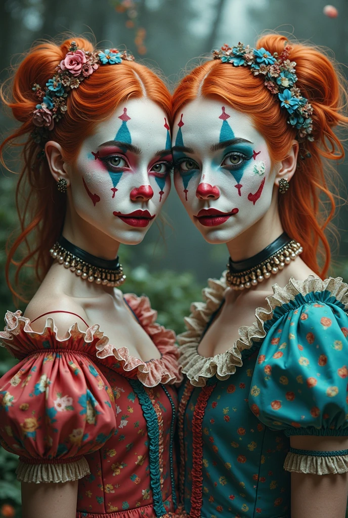 (cryopunk style)+, editorial portrait Photo of whimsical droll twins+, doing Optimizing in a Lunar Colony wonderland: a wild and fantastical place, ruled by the queen of hearts Cathedral, blood rain, hyperdetailed, dramatc light, strong bokeh, high contrast, cinematic polaroid LUT, by by Paolo Roversi and Christopher Balaskas, 8K UHD
