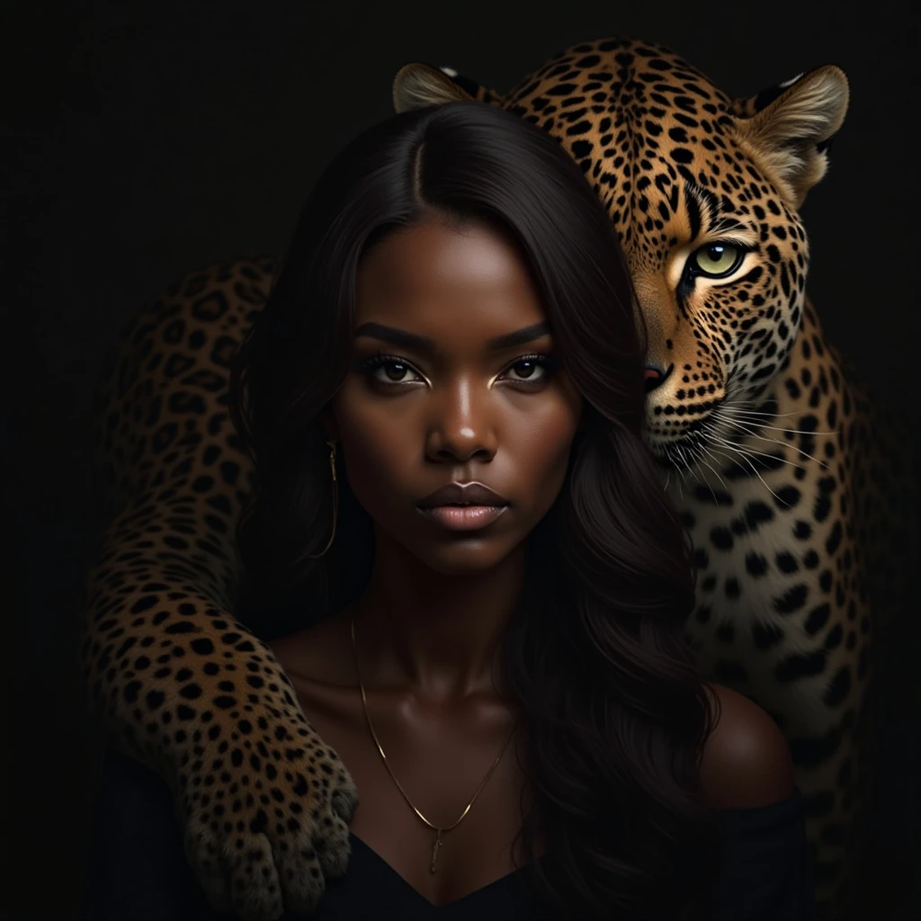 black woman, woman with a tiger on her shoulder, digital art by John La Gatta, Shutterstock Contest Winner Afrofuturism, smooth black woman, stunning african grace