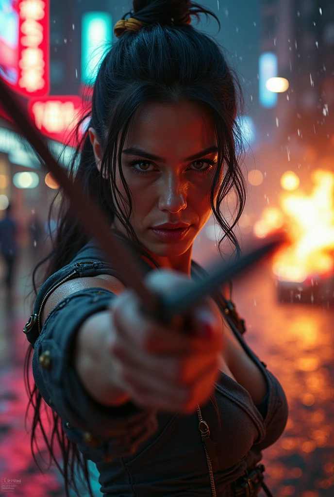 ((CINEMATIC ACTION SHOT)) DV_Taw_Vicious is a futuristic female martial arts fighter, with colossal breasts, n an epic futuristic battle scene on an asian battlefield,(by Michael Bay:1.4)(35mm, F/2.8) (explosions background, lens flare) (insanely detailed and intricate, character, hypermaximalist, elegant, ornate, beautiful, exotic, appealing, attractive, amative, hyper realistic, super detailed, destruction, burn effects )