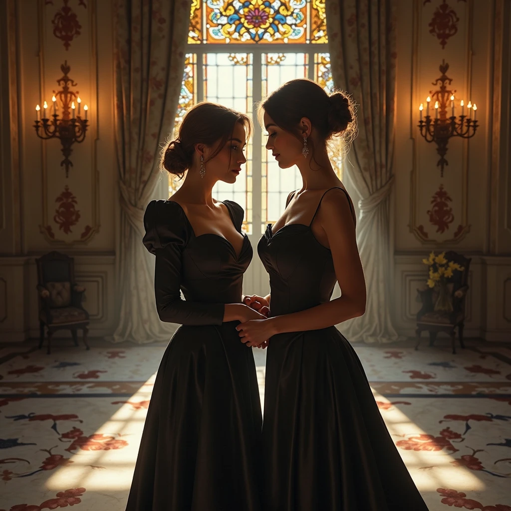 A highly realistic and atmospheric depiction of Lady Seraphina d’Aurelis being manipulated by Lady Althea Voss, set in a dark fantasy theme with an oil painting style. The scene takes place in a shadowy, secluded room within the palace, where Althea is subtly seducing and manipulating Seraphina. Seraphina, dressed in her elegant but dark attire, looks emotionally vulnerable, her expression showing a mix of sorrow and confusion. Althea, in her sophisticated dark gown, leans in close to Seraphina, her touch gentle yet calculating, her ice-blue eyes gleaming with hidden intent. The background is dimly lit, with heavy drapes and dark, ornate furniture emphasizing the secrecy and tension of the moment. The art style captures the complexity of their relationship, focusing on the emotional manipulation and the power dynamics between the two characters.