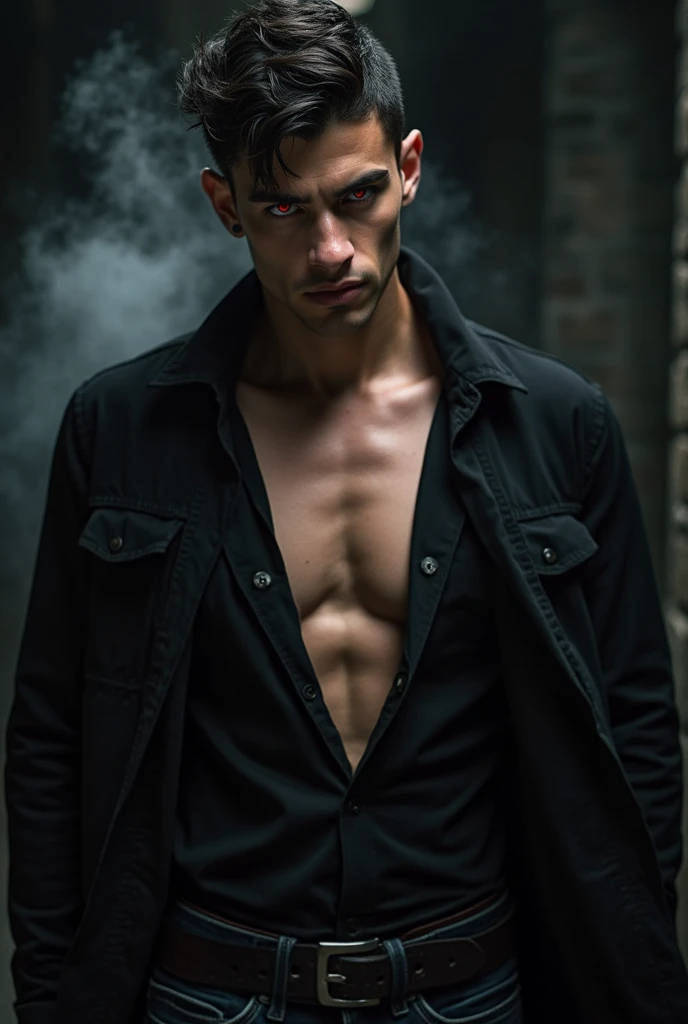 Wearing an open jacket, revealing their defined abs. The jacket has red cuffs, and the character is wearing dark pants. Their face is partially covered with a skull mask, giving them a mysterious and threatening appearance. The lighting is dim, adding to the dark and enigmatic atmosphere, fighting pose. Un hombre muy musculoso, fisicoculturismo, and strong constitution. He has a well-defined jaw and a serious expression, doesn't look at the camera. Su piel es clara, y tiene barba corta. karateka, pants, chaqueta gruesa abierta mostrando su torso bien definido, hermoso rostro,lleno de luz,Una mirada decidida, corte militar, ruso, apocalyptic city background, luchando contra zombies, punches against zombies, torso peludo, cara mirando a otro lado, no background vacío, dinamic pose