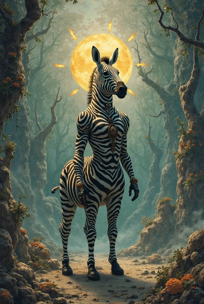 cinematic, (score_8_up:1.5), 1girl, ((bodypaint)), zebra stripes, black and white, (Emma Watson), from behind, zebra, pattern, striped mohawk, waist up, outdoors, plains, head turned, off center, (side view:0.8), black lipstick, hooves