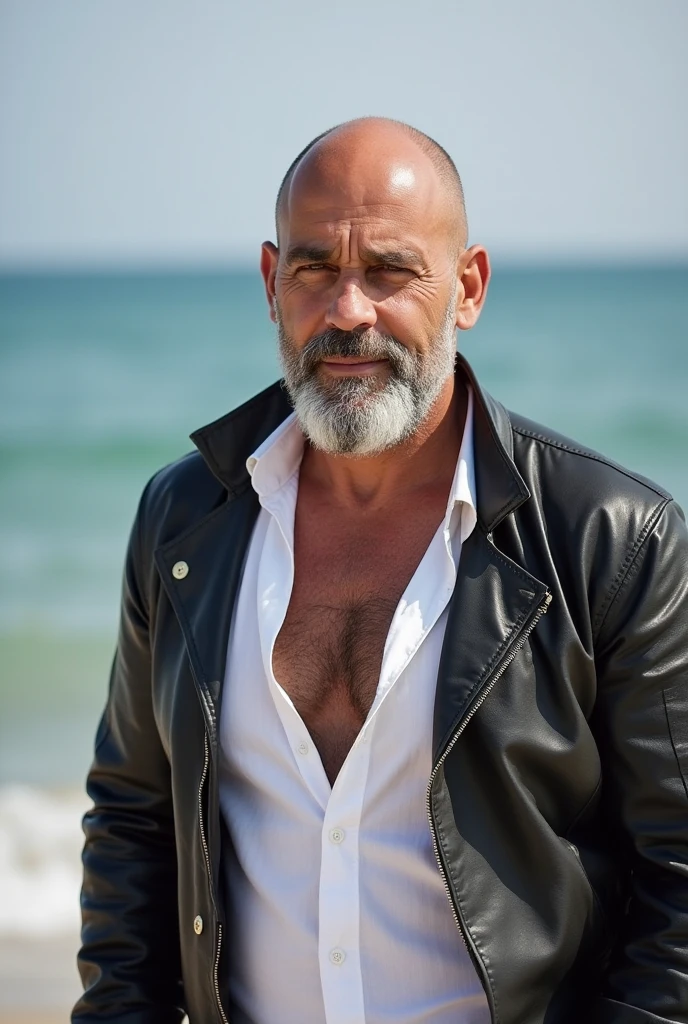 photo of 45 y.o man in black clothes, bald, face, half body, furry hairybody, high detailed skin, skin pores, coastline, overcast weather, wind, waves, 8k uhd, dslr, soft lighting, high quality, film grain, Fujifilm XT3