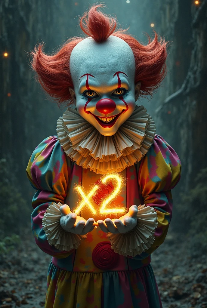 clown with a macabre smile, inside an orange bubble with the background of the image full of credit cards and fire
