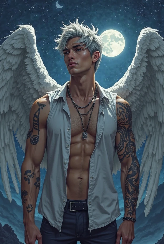 An angel, blonde mohawk hair, icy brown eyes, skin tanned, closed, realisitic, fully body, ángel wings, tattooed