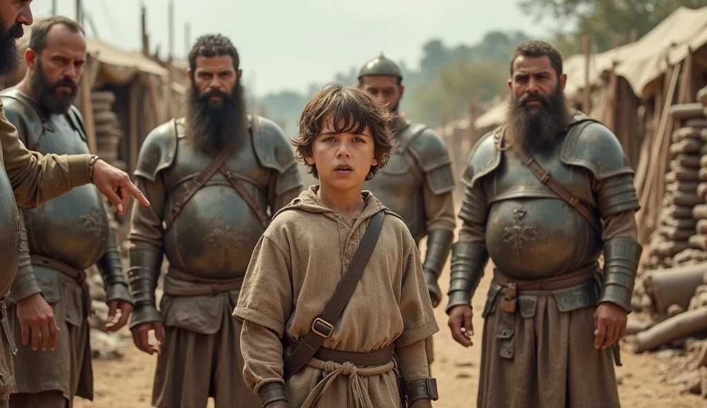 A proper green hijab men have full battle suit sit in his hourse his hand have a child which are kill by a arrow in his neck, full of enemy in red battle suit