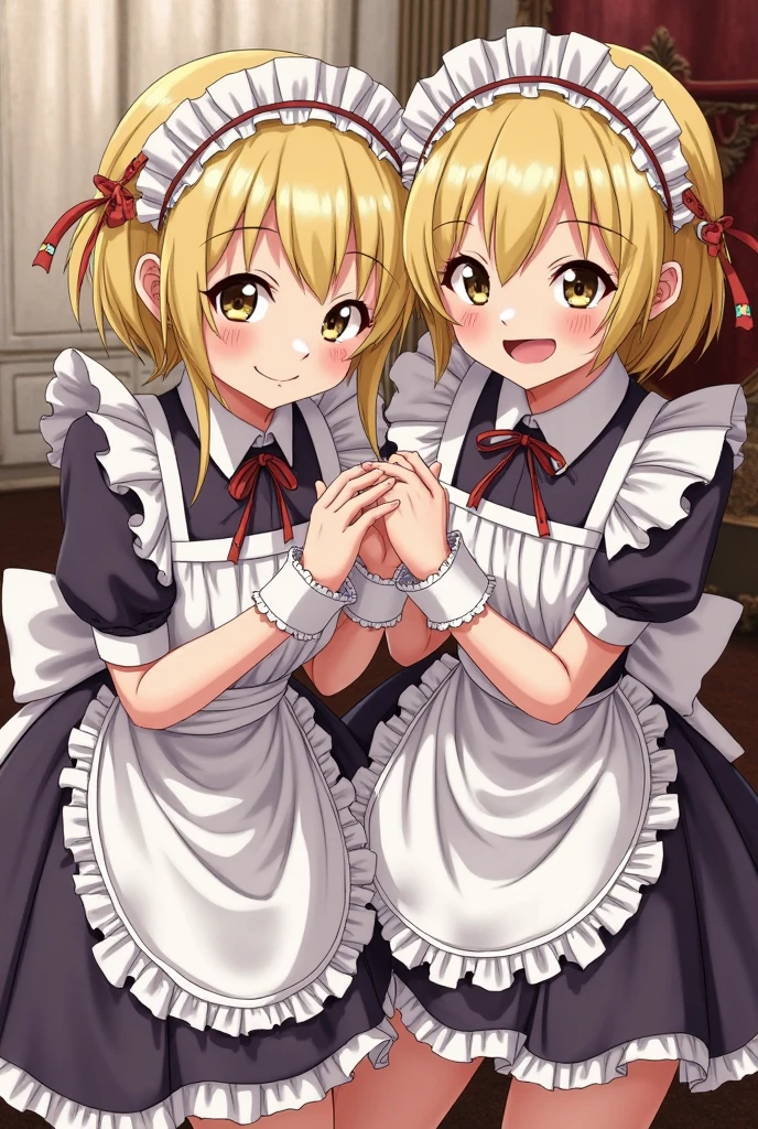 ((White background)) 1mother with daughter showing her asses,barefeet, cute, ((Short black hair girl and long blonde hair girl)), maid victorian, maid apron, straight face, dazed, Body position: Standing, straight, symmetrical, barefoot, smile face, lustful smirking smile face red blushed re cheeks