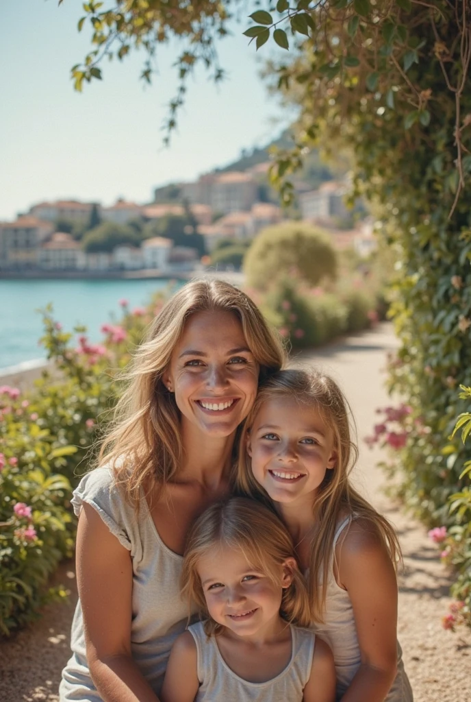 Skinny young family sweden with kids short hair blonde-redhead, in light short summer slit dress happy to play with animaux off "aquarium de la Rochelle" par une journée caniculaire