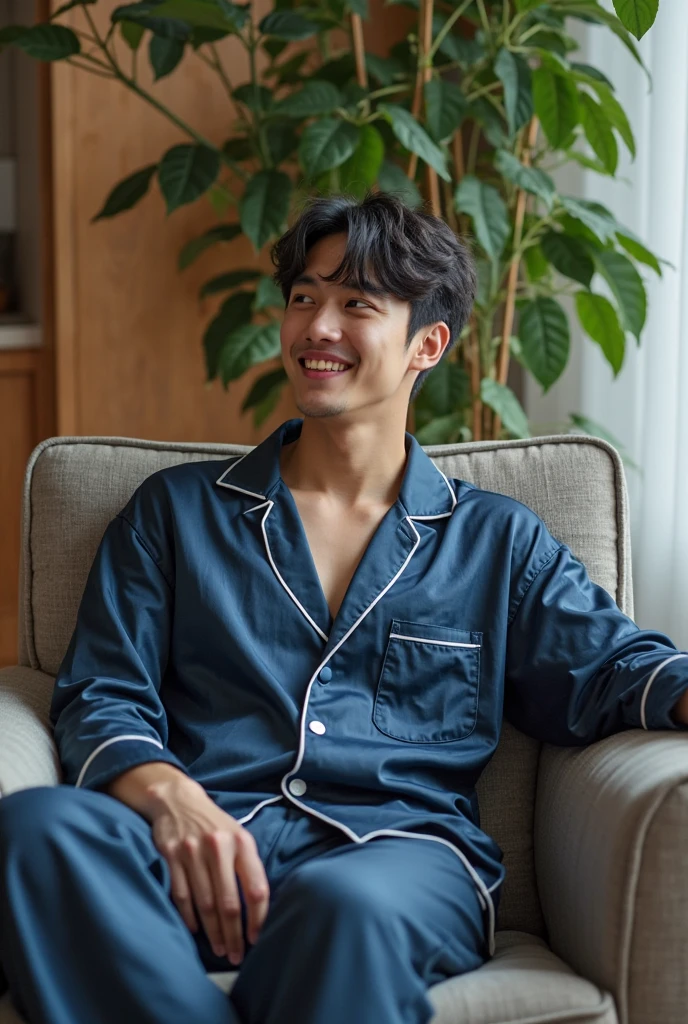 Create images with 8k clarity.,
It's a virtual image., High definition photos,
It is a 180 degree wide viewing angle.,
go pro camera view,
It is a picture of a 30 year old young man.,
Good looks, white skin, white face,
I am half Thai and half South Korean.,
Keep your hair in a low, slightly long style.,
Keep your bangs neat and simple in a cute, Korean style., Wear a long-sleeved navy blue sweater., Wear long navy blue pants., Sleep covered with a blanket and duvet. white cartoon pattern With the cold, The man is having a high fever. My face was sweating. There was a fever-reducing gel on my forehead., The atmosphere is at night with only dim light from the bedside lamp., Photographer in the following order for me please.