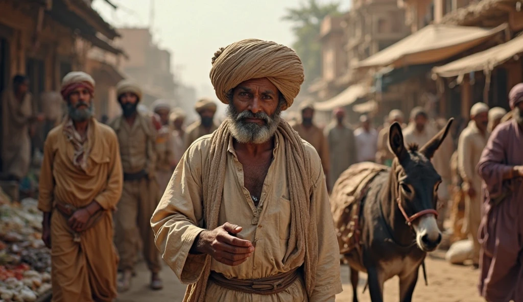 **Image Suggestion:**
Create an image of a young man in a traditional Rajasthan village setting. The man is wearing typical Rajasthani attire, including a colorful turban (safa), a simple kurta, and dhoti. The village is nestled in a semi-arid landscape with sandy paths and traditional mud houses with thatched roofs. The background shows a few camels and cows grazing, with some local women in vibrant sarees carrying pots of water on their heads. The sky is clear, with a warm, golden sunlight casting long shadows, evoking the rustic and serene atmosphere of rural Rajasthan.