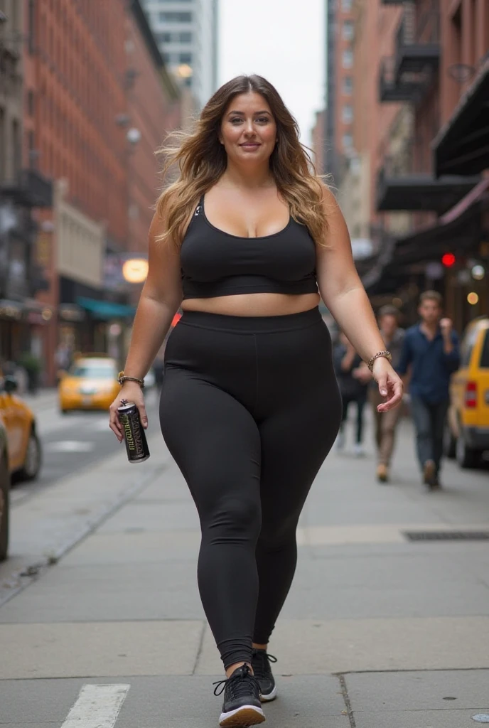 Araffe lady in grey pants and white top walks in the park, thick, wearing tight simple clothes, she has a round fat belly, wearing tights, tights, tights, wide hips, beautiful plump female, tight wrinkled cloth, curvy figure, thick body, her wardrobe is attractive, thin waist and thick hips, (park background)