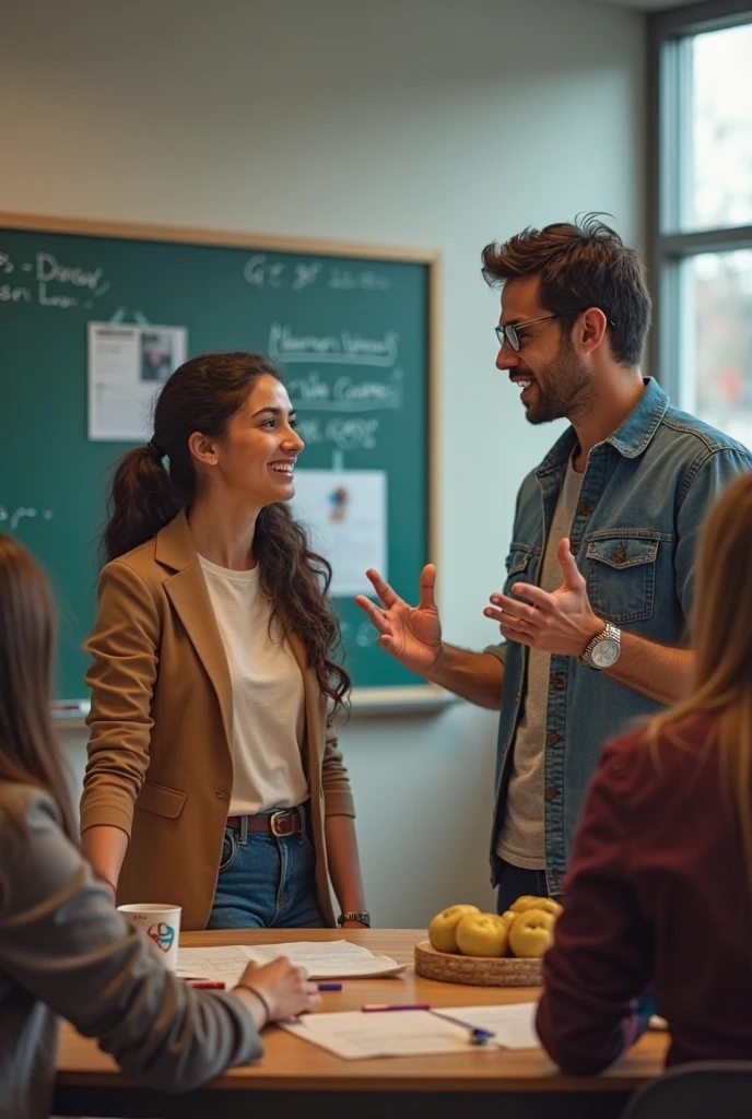 Photoshoot of a lecture guy with a college student woman with blonde long hair, large breast, and athletic body wearing white bra and jeans in the classroom