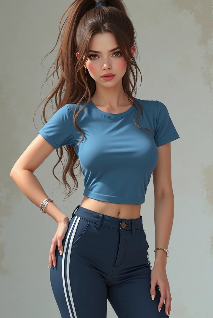 Brunette girl, ponytail, wearing a brown crop top, wearing blue jeans