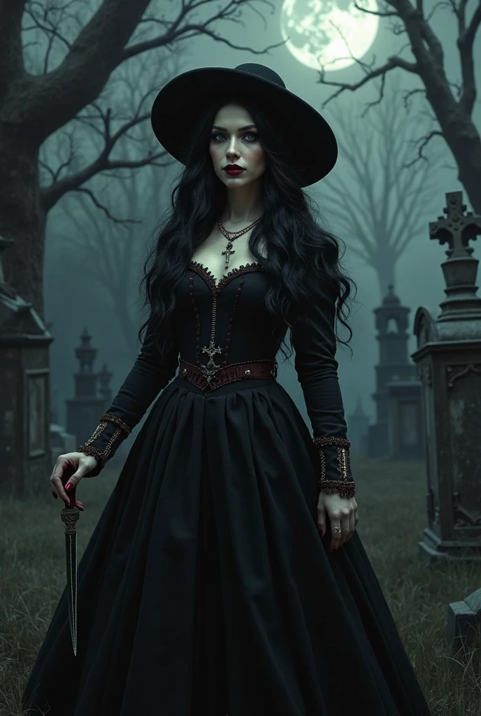Beautiful 20 year old woman with short messy wavy black hair, wearing a red and black corset and black cloak with gothic qualities, standing in a cemetery at night with fog holding an old style lantern, red lipstick, realistic skin texture, cross neckless, looking at camera, Gothic Art, photo realistic, 8k