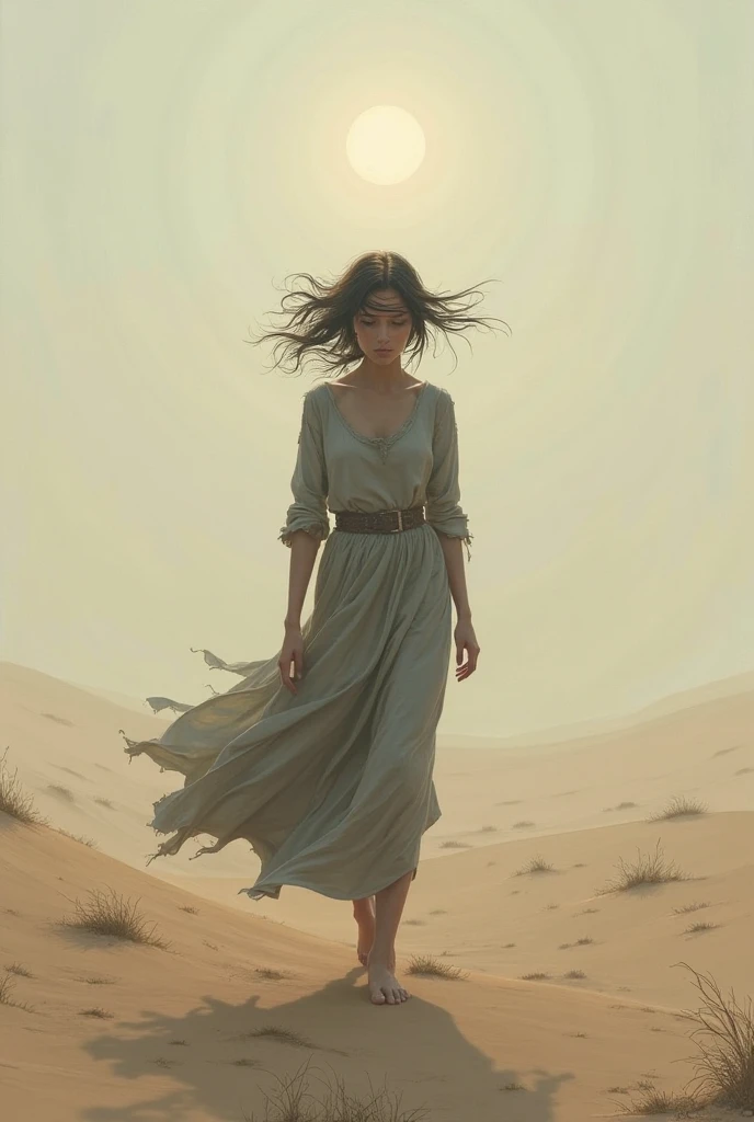 alone in the universe, in watercolor style, Photorealism, discreet golden and ruby and mint shades, (nude) gentle modest thin girl 16 years old (with a very beautiful exquisite face) southern type with short dark hair with beautiful breasts with tender nipples (barefoot) in a long burgundy skirt walking in the distance (Across the desert), stunted little plants, drought, precious jewelry on the neck and chest and on the wrists, precious bracelets, ankle bracelets
