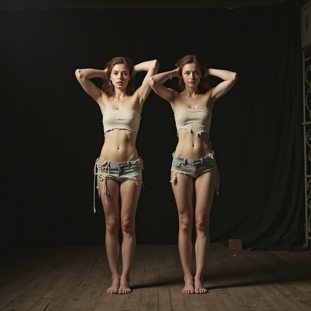 a woman, very thin body, body visible bones, very slender, pale white skin, panties, bra,tatto, full body, has a mental breakdown in an underground prison.