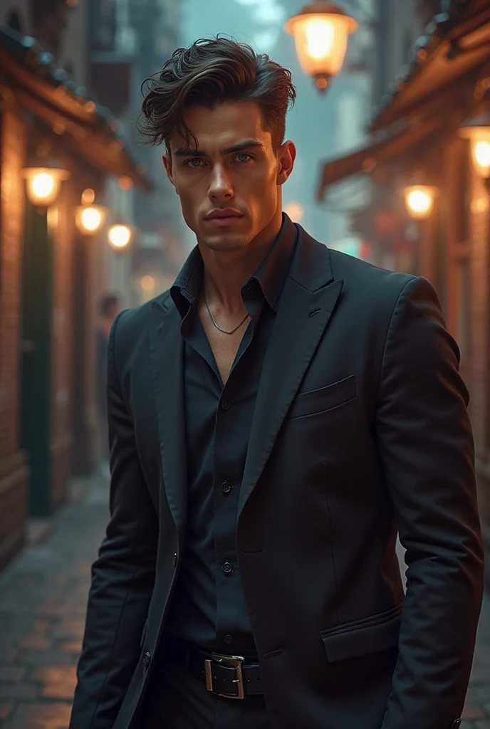 Male youth，，((masterpiece)), ((best quality)), Ultra Detailed,((illustration)), Dynamic angle, Detail Light, (Exquisite eyes),1 Boy, Male focus, head, Chinese physiognomy，Side back 37 hairstyle，Bronze skin，clothing, Yellow eyes, necklace, Tattoo, (forehead:0.8), (Ahog:0.8),  Chest muscles， Eight-pack abs， Sexy , Street frontage，bad boy，Young male，RGB Lighting ，Male genitalia，Completely naked。