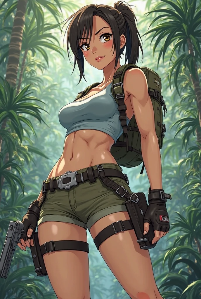 solo, (beautiful female:1.4), (nice shark girl),  ( fit, abs), busty, big erect breasts, erect nippleslips,  slim waist,  (black hair),  ( female shark | Lara Croft ), (((female))),  orange body scales, white belly,  (kemono:1.5), 
( khaki shorts ), lightblue crop top, ( two pistols-gans on hips ), wide belt, long braid, ( (red) round glasses :1.2), (red glasses), ( small backpack on her back:1.2), army boots, leather straps on hips and biceps,   e621, (female body),  slim sports body, 
 shark tail, cameltoe,  (body portrait), [slim swimsuit], sharp fangs, 
(detailed eyes, detailed pupils, yellow eyes, glowing eyes),
(outdoors),  tropical ocean beach , jungle,  sun day,  (particles ,firefly, blue glowing), seeker of adventures,       (sitting on knees), 
detailed background, photorealistic, realistic hands, 8k HD,
(dark shadows, wide dynamic range, hdr, low light:1.2),
by (by Pino Daeni, (by ruaidri), (by virtyalfobo), (by Kenket). by iskra, by darkgem