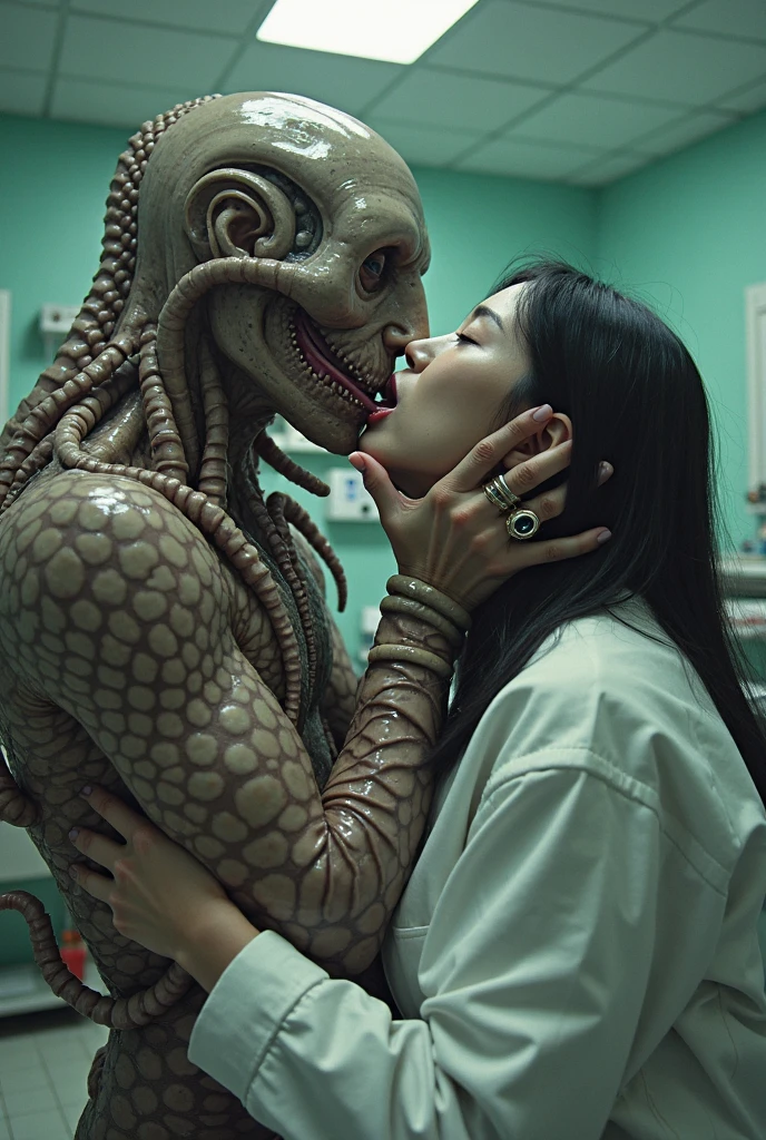 (extremadamente detallado, obra maestra, La mejor calidad), Estilo oscuro, intense illumination, rostro con arrugas, lengua larga, tentacle, deforme, monstruoso, interior de una piscina de agua verdosa, imagen submarina, alien con Colmillos finos, pico de pulpo amenazante. manchas de tinta. Rococo composition. Luz de caravaggio