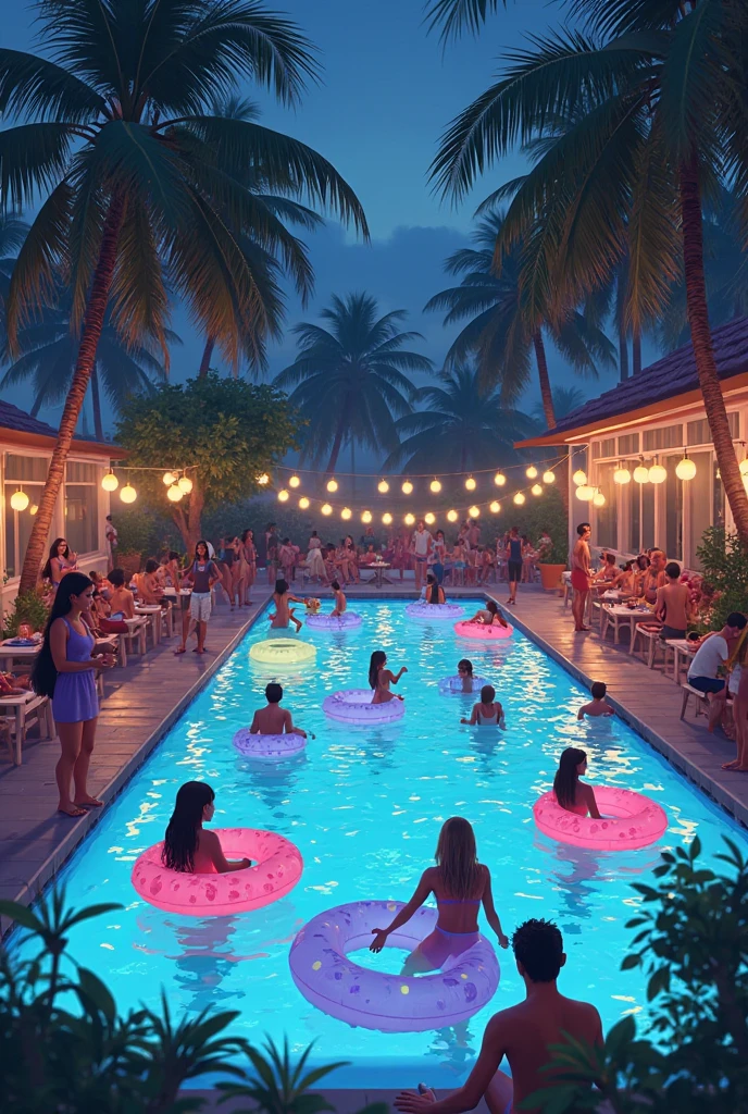 Night pool, Neon lights illuminate the water, Music and dance floor, Dazzling light effects, Stage and DJ booth, Fireworks and buster, Music and entertainment, Pool by the bar, Fashion party dress up, Diving and stunt shows, Beach club atmosphere, Beauty and dudes, Pool water divers, Beach and palm trees, Colored water light effects, Open air lounge area, Carnival and frenetic atmosphere, Splashing splashes, Cool swimsuits and swimming rings in rich colors