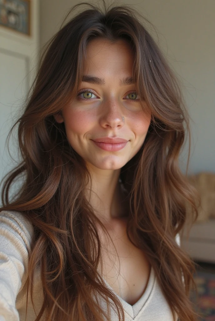 Belle brune dans un pull rose clair, very detailed, 23 ans, happy face, natural wavy hair, yeux marron clair, Une haute résolution, head of'artwork, best quality, pièces complexes, very detailed, sharpness, detailed skin, texture de peau réaliste, texture, detailed eyes, professionnel, 4K, charming smile, shot with Canon, 85 millimeters, shallow depth of field, kodak vision color, Corps parfaitement tonique, extremely detailed, photor_\(ultra\), Photorealistic, realistic, Traitement après, maximum details, roughness, real life, ultra realistic, photorealism, photo, 8k contract, photo, travail, bureau