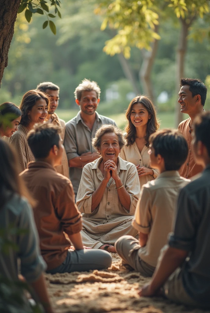 Creat a 18 boy try to talking with 4 older peoples who standing Infront of his , the boy opening his hands and try to explain something, background is a normal road, 8k very ultra realistic