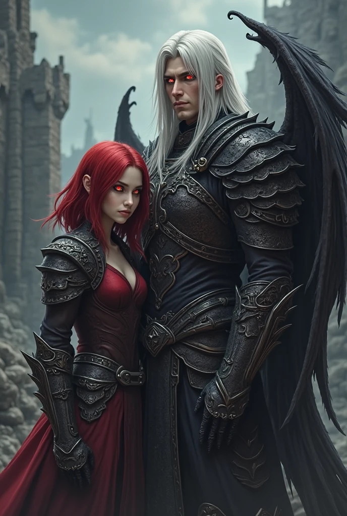 Create a beautiful red-haired woman with blue eyes who is holding daggers in both hands and behind her is a handsome prince of hell., attractive and intimidating with black wings, armor and long white hair with lilac eyes that is hugging her  