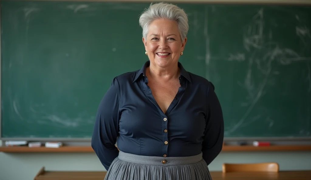 woman in a skirt short is in a classroom, leaning on the table, sticking your ass out, attractive woman in her 70s, skirt short, curved, Panas, voluminous body, neckleace, breasts big, Approximately 70 years old, older elderly woman , frontal image, looking for camera, posando, splendid, natural mature woman, average size, seis-pack natural