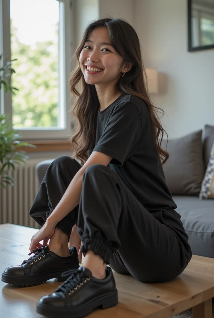 fille noir foncé, 25 ans, noire foncé, confortable à la maison sur le canapé. Elle porte un pull gris confortable et un pantalon de survêtement, pieds nus. La photo est un gros plan moyen, capturant Luna avec un léger sourire alors qu'elle tient une tasse de café, en regardant par la fenêtre. Le cadre est cosy, avec des coussins colorés et des livres autour d'elle.