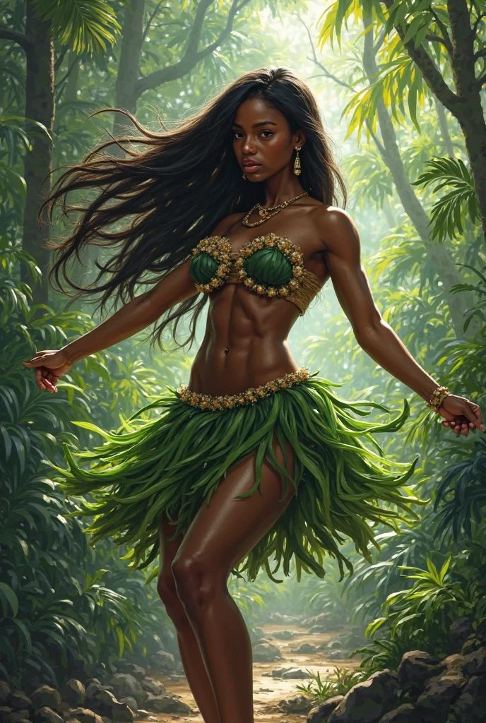 ((16-year-old))) black girl, (((light skin))), druid, magical aura surrounding her, she is in the forest with monsters surrounding her, (((thigh gap))), (((cameltoe))), (((close-up full body pose))),  long black wavy hair, high heel boots, (((wearing leaves))), (((Dungeons and Dragons style art))), fantasy art, Rich, Deep Colours, (intricate details:0.9), (HDR, hyper-detailing:1.2), (natural skin textures, hyper realisitc, soft light, Sharp),