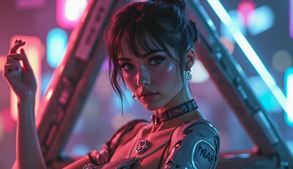 make a futuristic girl in the style of synthwave cyberpunk