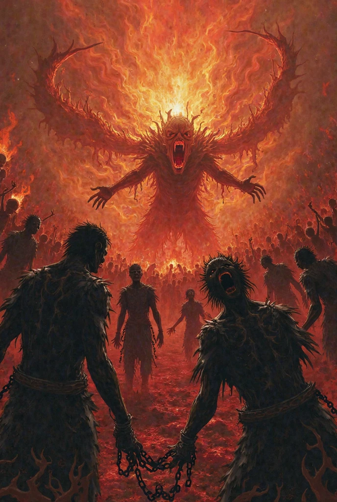 Hell with demons screaming souls in chains, a lot of fire - SeaArt AI