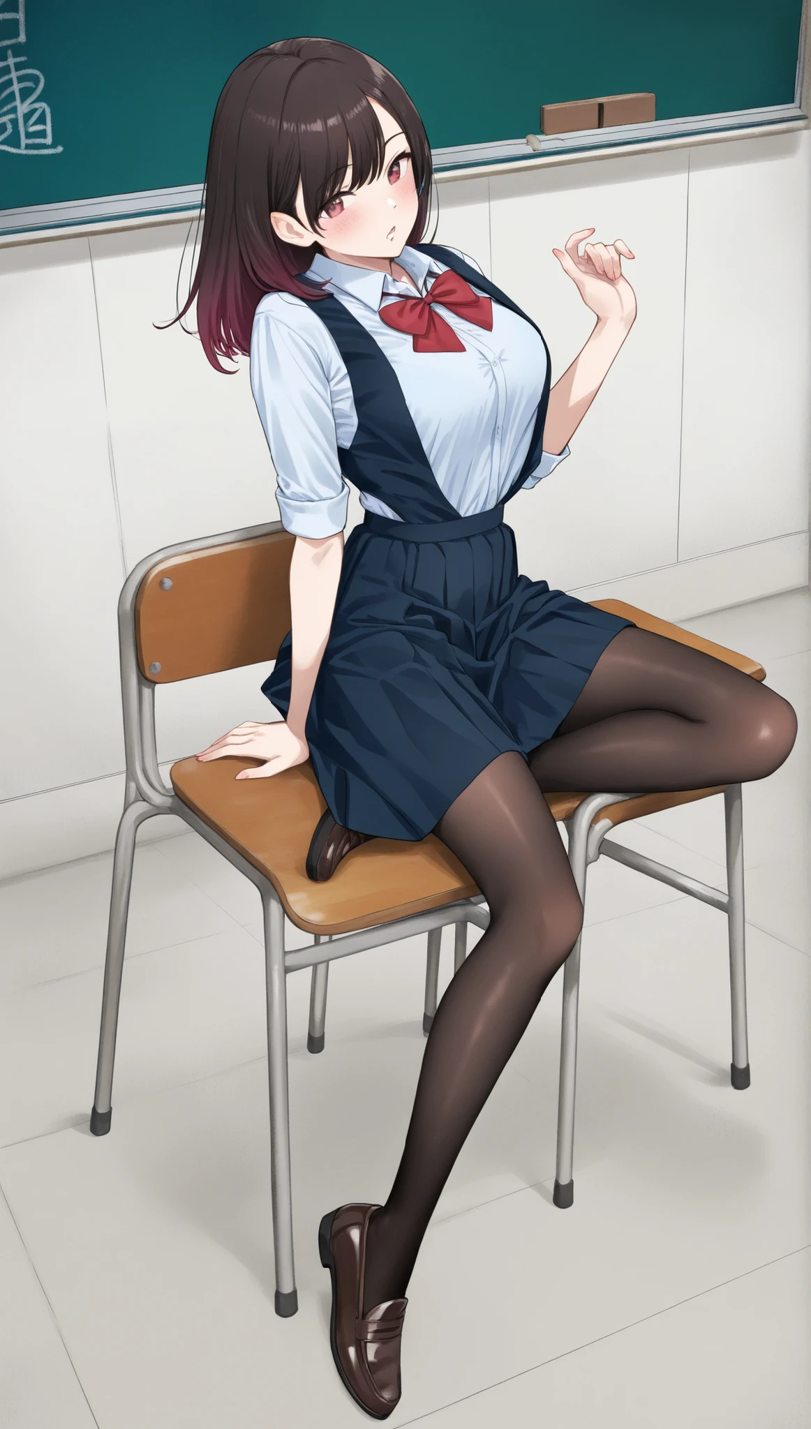 adult women, full body, sitting in a classroom, dynamic pose, red school uniform, sexdoll:1.0 (masterpiece, best quality), pantyhose, vivid colored clothes, HDR, volumetric Lighting, classroom background, dynamic image,