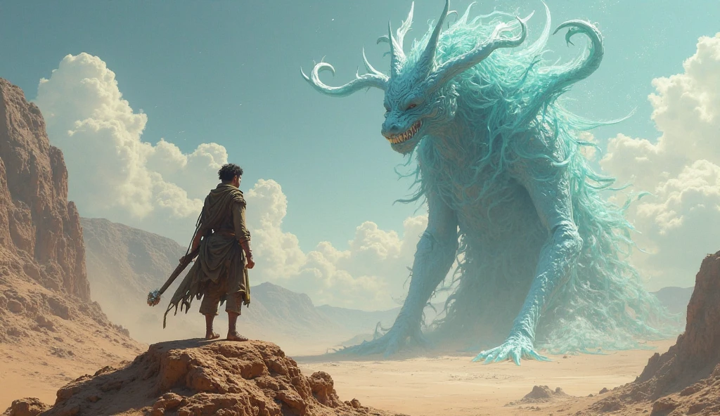 A warrior general stands in front of a huge creature, a giant one-eyed cow, looking down, boss battle view, shadows, atmospheric perspective, best quality, cinematic lighting, super detail, motion line, vanishing point, sideways, close-up, size contrast
