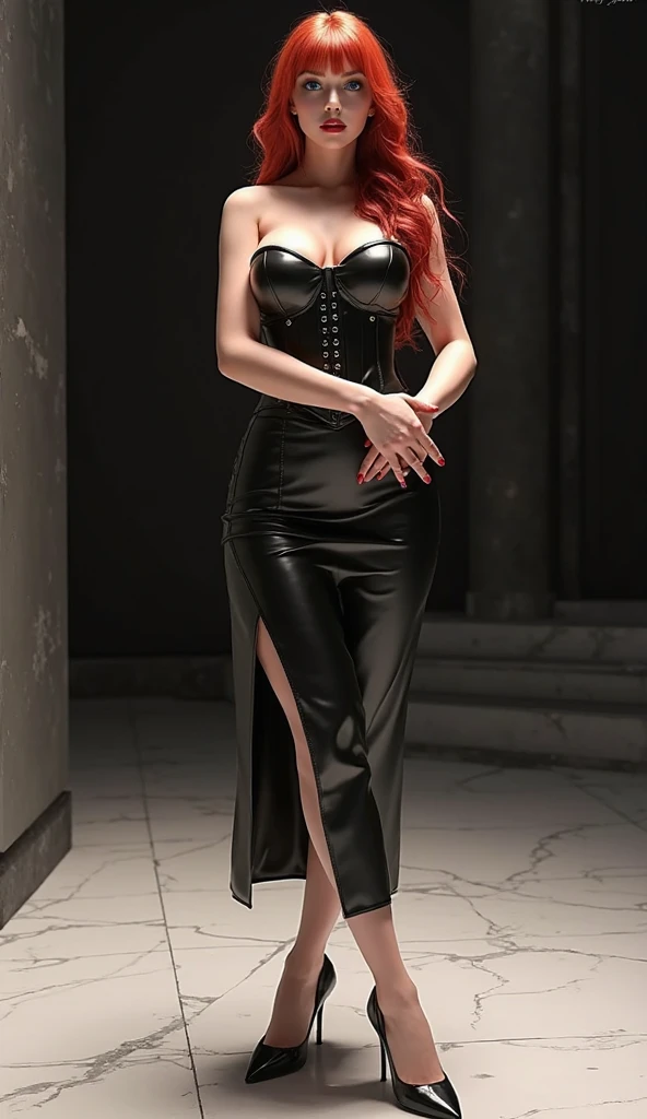 UHD 8k, HDR+, Kelly Divine, an adult woman with bright red hair with a necklace, large piercing eyes, huge earrings, giant earrings, her long bright red hair flowing down her shoulders, gold bracelets on her arms, long jet black hair flowing down her shoulders, black shoes high heels, shoes, white blouse with long sleeves and exposed cleavage, red tight skirt, Against the background of the forest, detailed background, realistic, 1girl, solo girl, 30 year old girl, ultra realistic face, hyperrealistic, hyperdetailed, (looking at viewers), sharpen, detailed face, detailed eyes, detailed lips, red lips, beautiful face, 16k, FHD, raw photo, cute face mesh, pretty face mesh, portrait shot 8 k