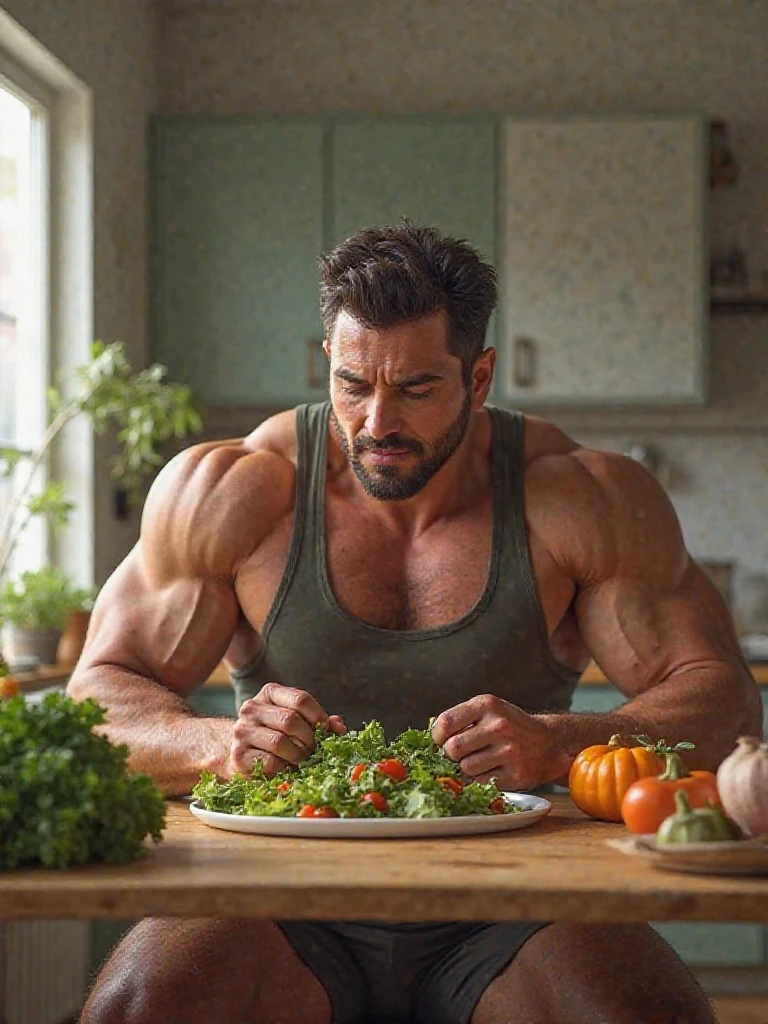 Crazy strange ugly man, perfect body anatomy, attractive muscular body, messy, beautiful and sweaty body , wears dirty prison clothes , inside a prison cell eating a beautiful plate of succulent lobster with salad