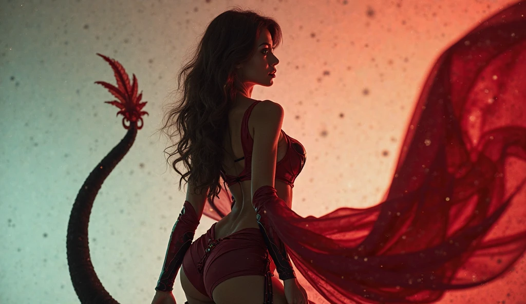 a Mulher sensual, Half-body plane without cutting the arms, pose sexy, red lips with vampire vibrations long hair, She is alone in a dark street at night with light in the background very feminine warrior clothing cinematic bokeh background realistic and detailed dark lighting 16k --auto