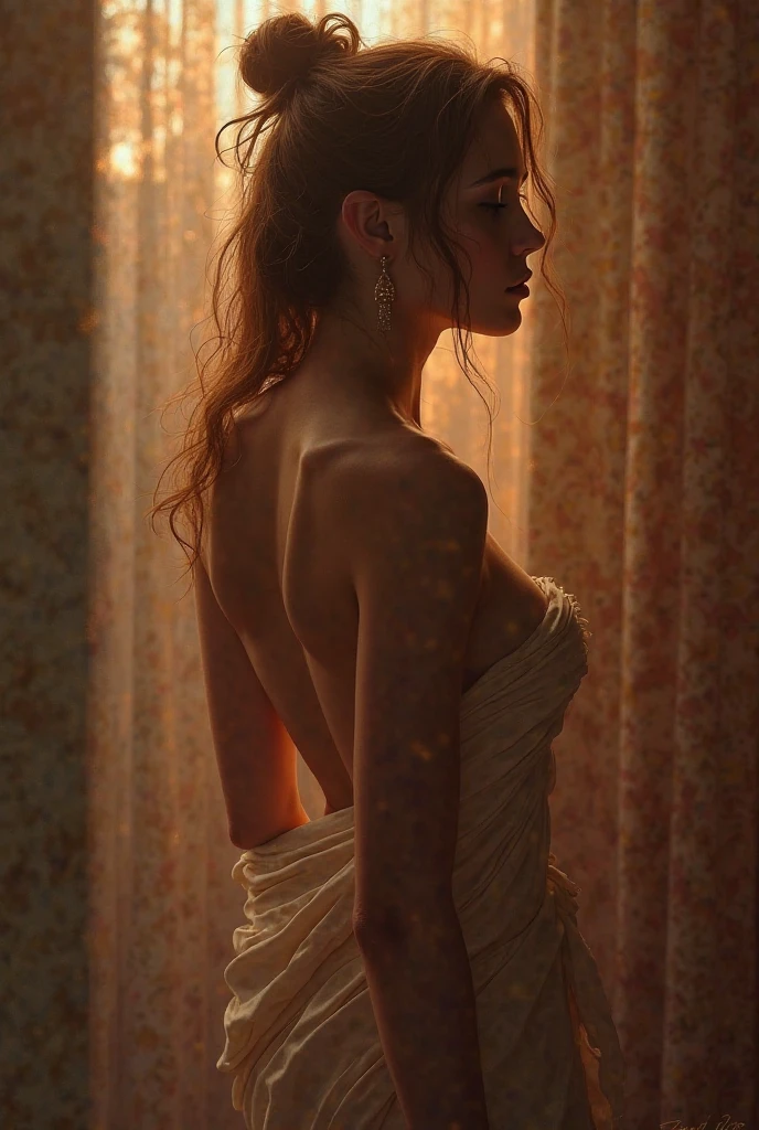 Realistic karateka woman, hokuto no shinken, light illuminates her sillhouette through her translucent clothes, busty, big booty, full butt, jutting ass