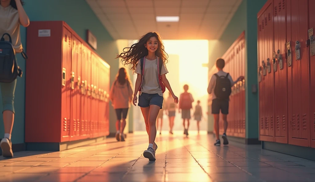 A girl barefoot on the school hallway
