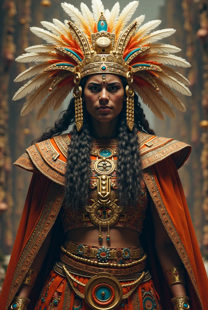 mujer indigenous queen colombiana, posing in profile. indigenous traits. with gold headdress and tribal paint on his face and body. and gold metal accessories and decorations with emeralds and precious stones. golden temple. indigenous queen. full body. hyper realism. 8k. Photography, hyper realism. k. Photography (masterpiece, Super detail, High detail, Best Quality, 8k, lightning