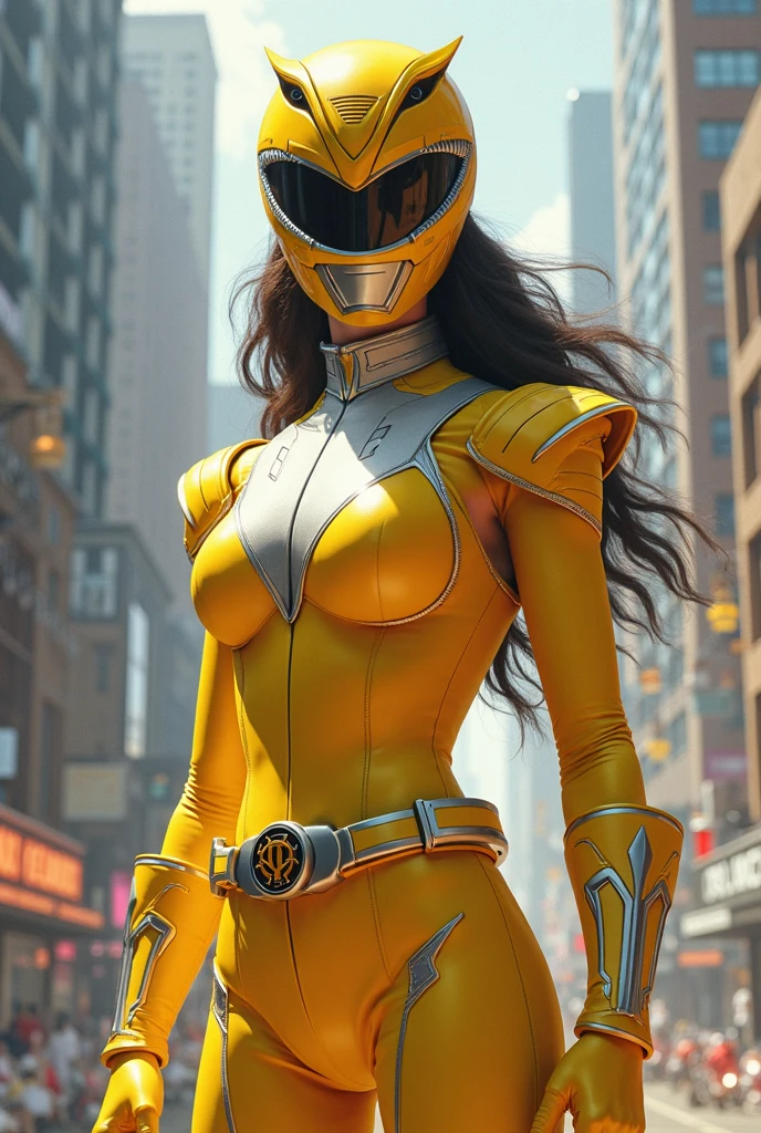 POWER RANGERS INTENSE COPPER YELLOW COLOR LION HELMET SHARP EYES Infinite ATTRACTIVE SENSUAL MIND with a small golden heart on the chest BLACK LIPS MIRROR BODY PASSION with claw-shaped breasts feminine essence battle pose romantic look claw fingers with gold belt. Solid in the middle of the dawn looking straight ahead