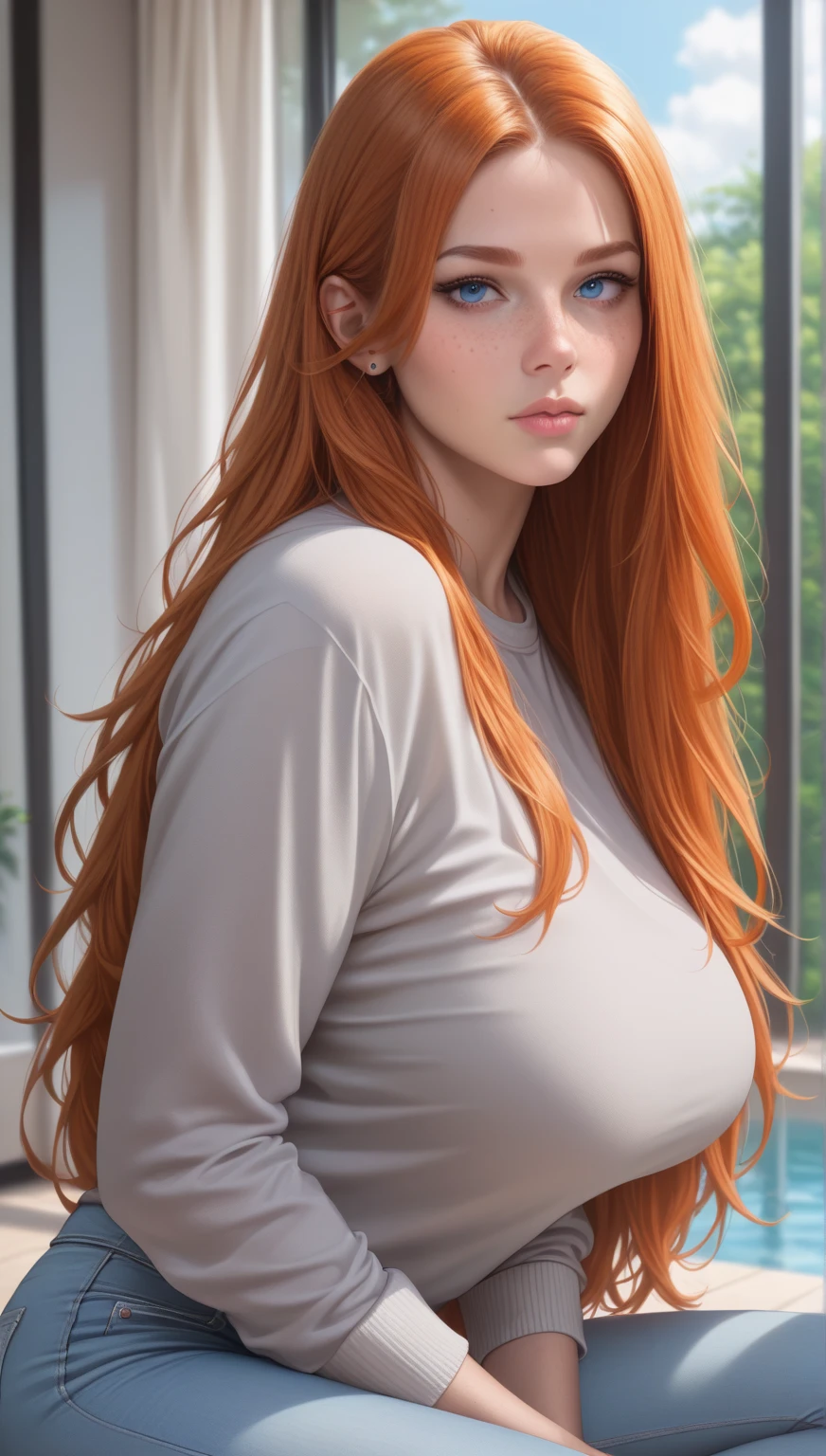 Red hair with green eyes, huge silicone breast, naked doctor.