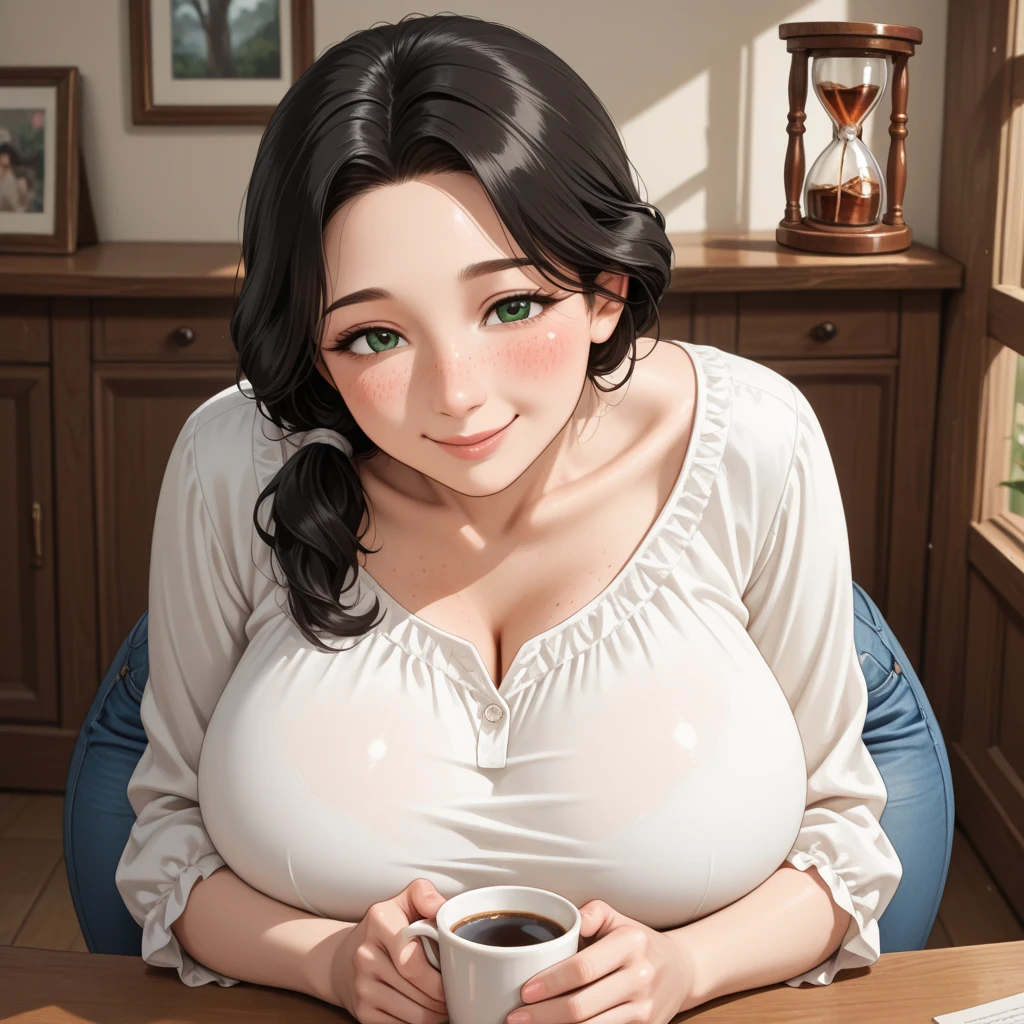 masterpiece, Quiet and beautiful wheat field, Daytime, Ray Tracing, detailed reflections, Complex, Attention to detail, dramatic, 最高品質のmasterpiece, Realistic, detailed, 8k, High resolution, ((Obese women))、(Flannel shirt and jeans), Drowsy face、Falling asleep at the table、Mug、Brown Hair、Braid、Large Breasts、bloom, The light shines, chromatic aberration, Sharp focus、detailedな人物、detailedな顔、detailedな髪と肌、High resolution、